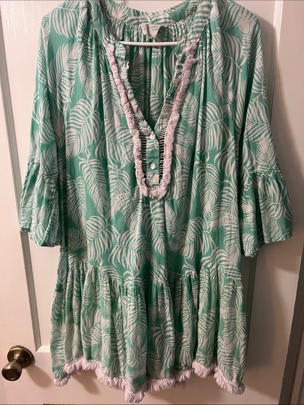 True Destinations Green Palm Leaf Boho Tunic Dess Swim Cover Up Sz S